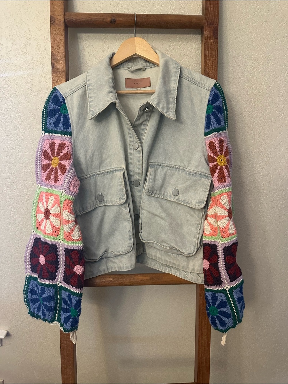 BLANK NYC Young Love Denim Jacket w/ crochet Granny square sleeves sz M